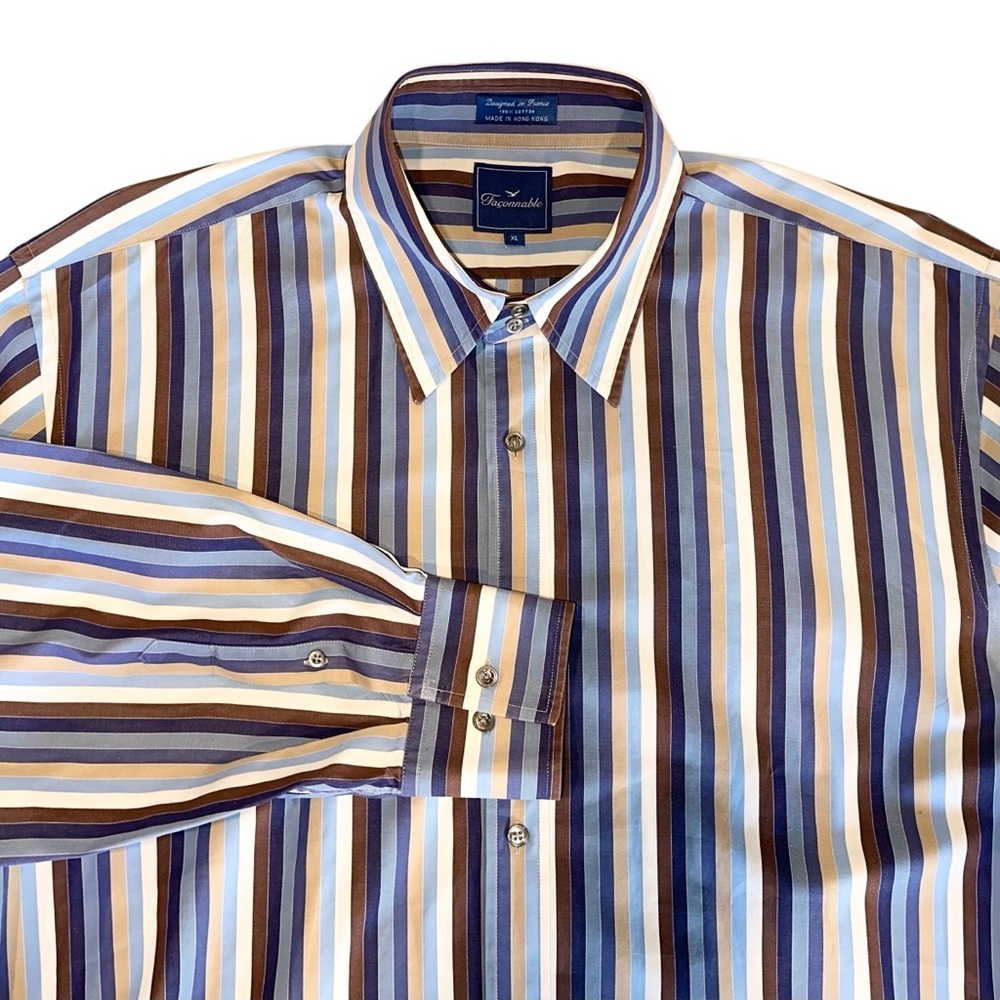 Faconnable Mens Shirt 100% Cotton Brown & Blue Striped Button Up Size XL France